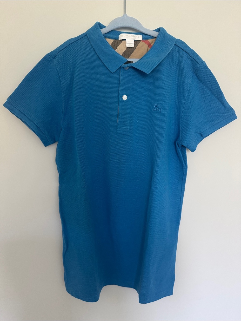 Burberry Kids Blue Polo Shirt with Signature Check Collar 12Y